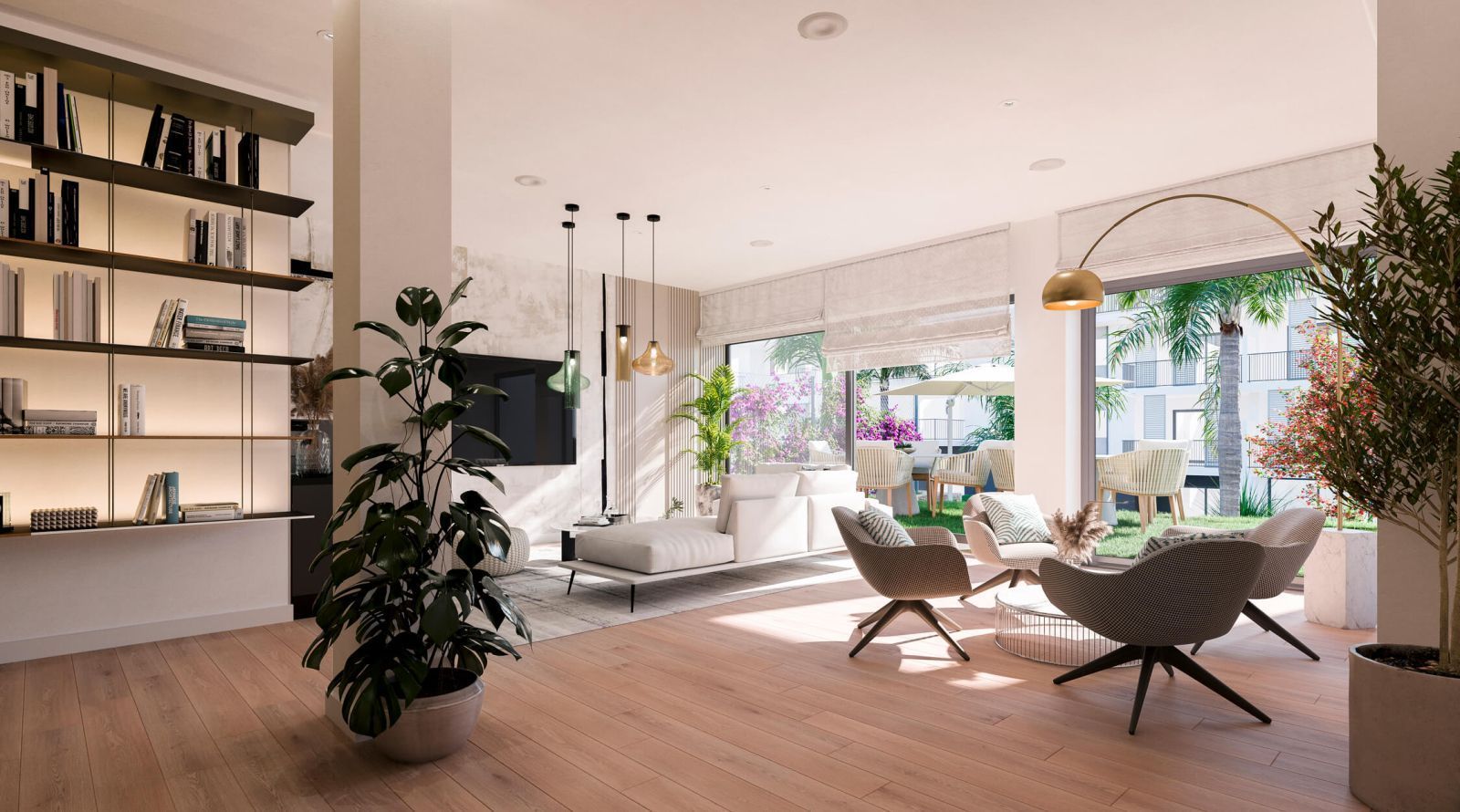 Modern living room with large windows, indoor-outdoor seating, and bookshelves.