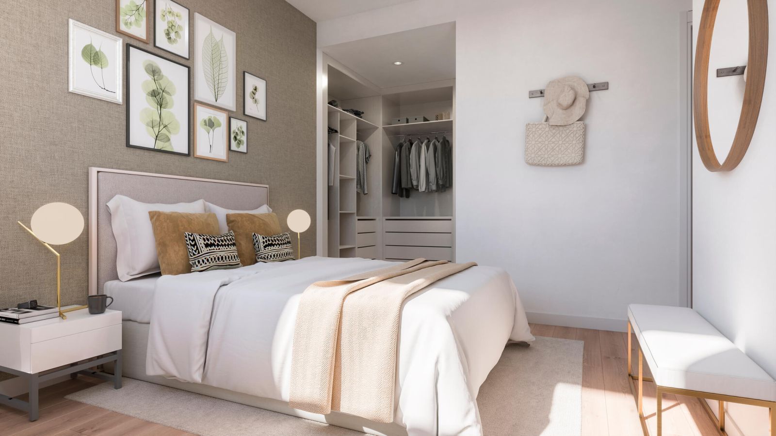 A modern bedroom with a large bed, walk-in closet, and decorative wall art.